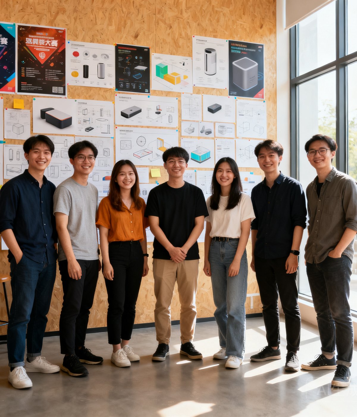 开云APP创始团队在杭州办公室的合影照片，六位核心成员面带微笑站在一起，背景是贴满赛事海报和产品原型图的创意墙，自然光线从落地窗洒入，整体氛围年轻活力且充满创业激情
